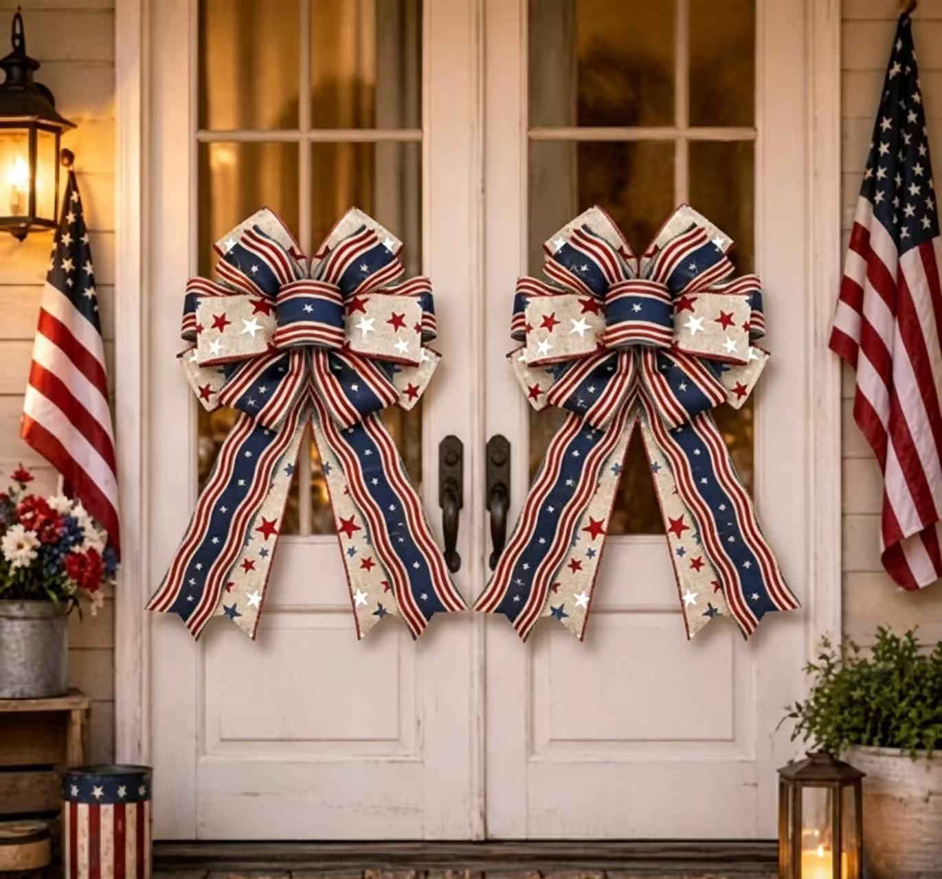Show Your American Pride ❤️🤍💙 2Pcs LED Patriotic Burlap Bow Set For Front Door & Wreath Decor