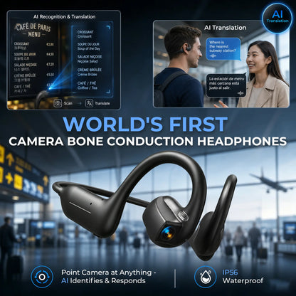 Bone conduction Bluetooth headphones featuring an 8-megapixel camera with EIS image stabilization, support for real-time translation in over 160 languages, dual touch and button controls, and IP54 water resistance.