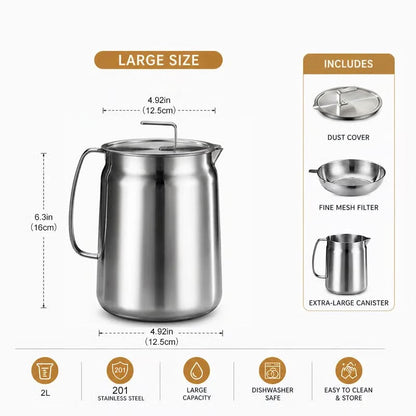 68oz 201 Stainless Steel Deep Fryer Pot with Basket & Strainer- Large Capacity Bacon Grease Container for Kitchen