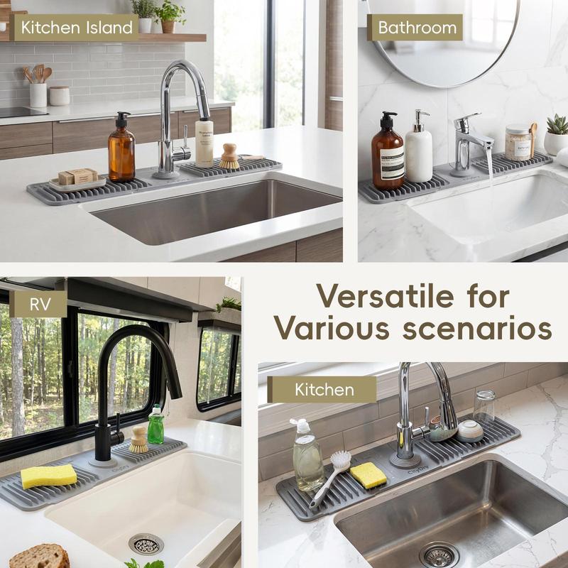 Extra‑long Silicone Sink Faucet Splash Guard Mat – Quick Drain & Drying Organizer