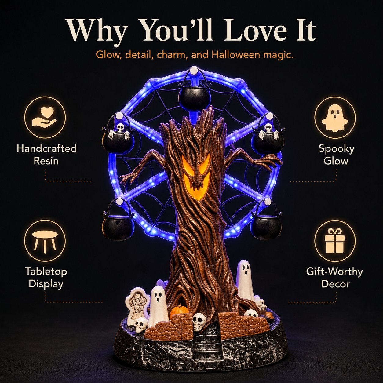 🎃 Halloween Haunted Tree Ferris Wheel Tabletop Decor, Light Up Resin Spooky Ghost Mini Scene Ornament