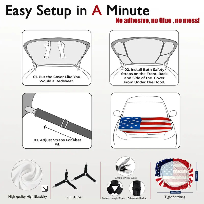 American Flag Car Hood Cover With Dual Triangle Clips Fits Trucks SUVs Sedans Jeep Commemorative Edition