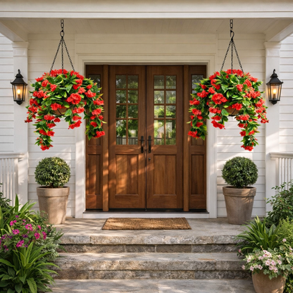 1 Faux Crepe Myrtle Hanging Baskets – UV Resistant Artificial Flower Planters with Coconut Liner & Metal Chain