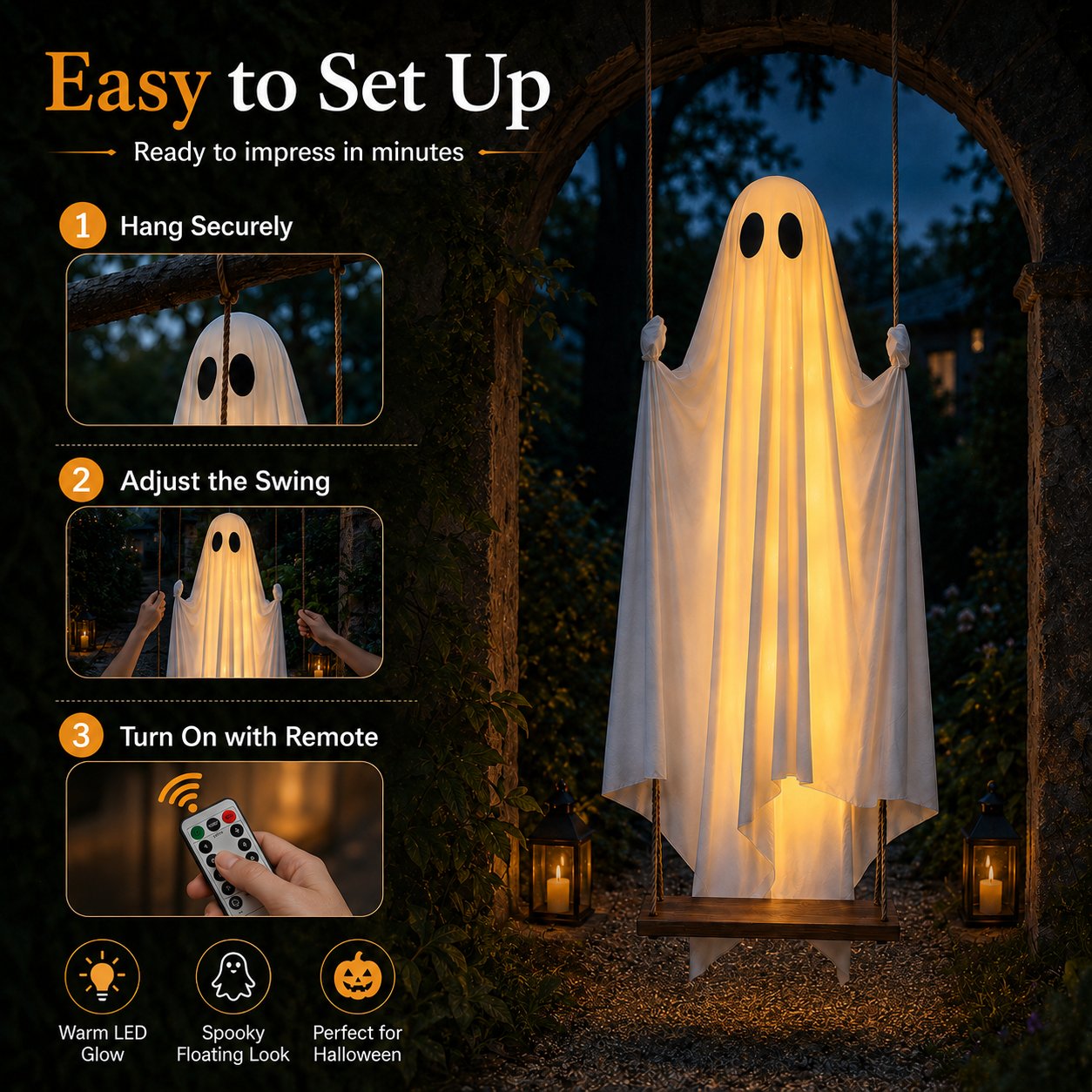 👻 Light-Up Swing Ghost – The Cutest Spooky Halloween Yard Decor 🎃