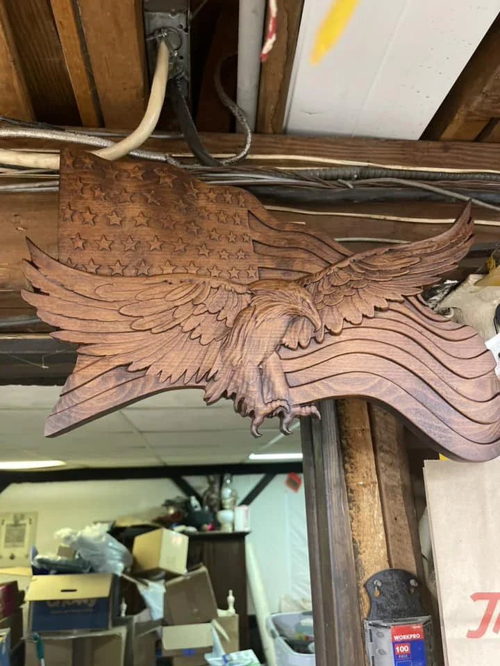 Eagle & Flag Wood Wall Plaque - Handcrafted American Heritage Tribute
