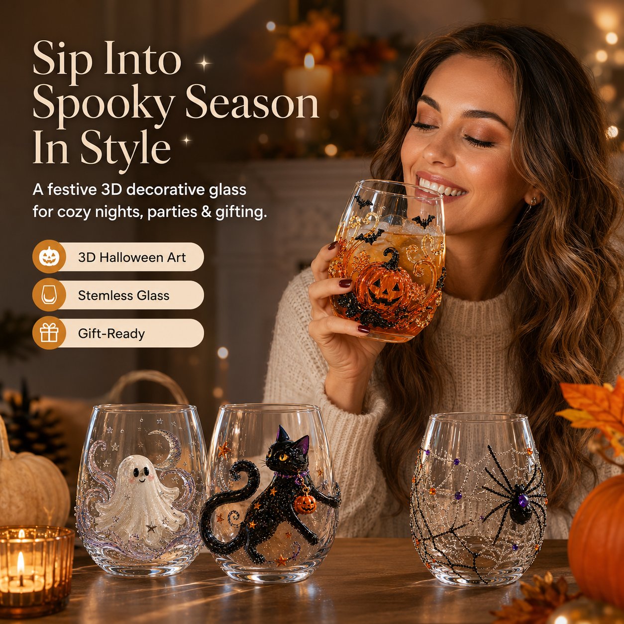 🎃 3D Halloween Artisan Glass Cups, Festive Parties & Cozy Fall Home Bar Vibes