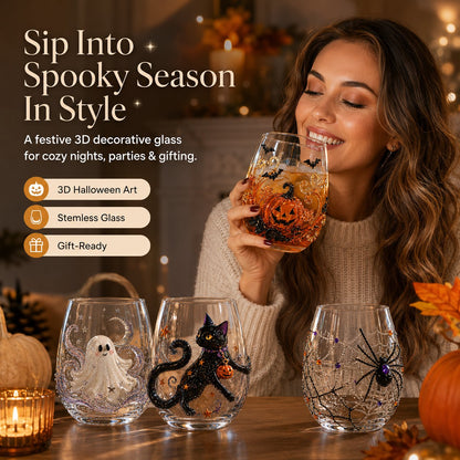 🎃 3D Halloween Artisan Glass Cups, Festive Parties & Cozy Fall Home Bar Vibes