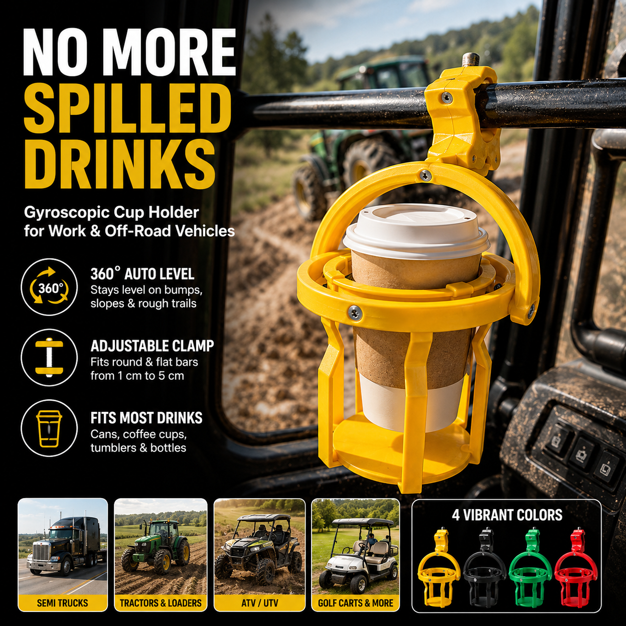 🥤Gyroscopic Anti-Spill Cup Holder | Clamp-On Auto-Level Drink Holder