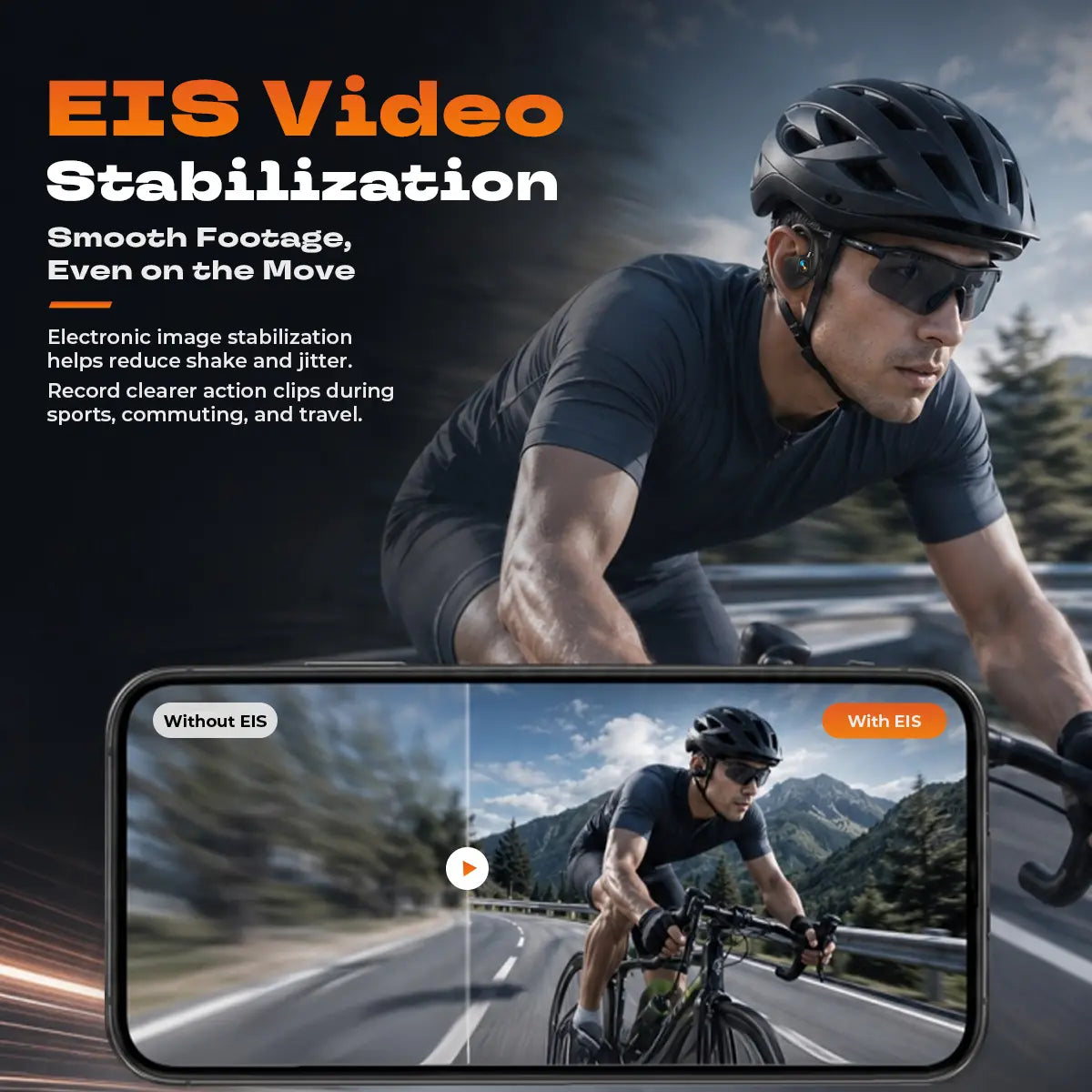 Bone conduction Bluetooth headphones featuring an 8-megapixel camera with EIS image stabilization, support for real-time translation in over 160 languages, dual touch and button controls, and IP54 water resistance.