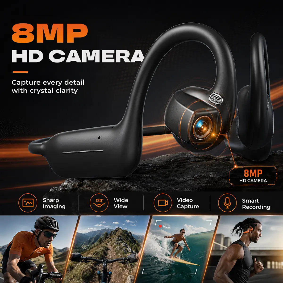 Bone conduction Bluetooth headphones featuring an 8-megapixel camera with EIS image stabilization, support for real-time translation in over 160 languages, dual touch and button controls, and IP54 water resistance.