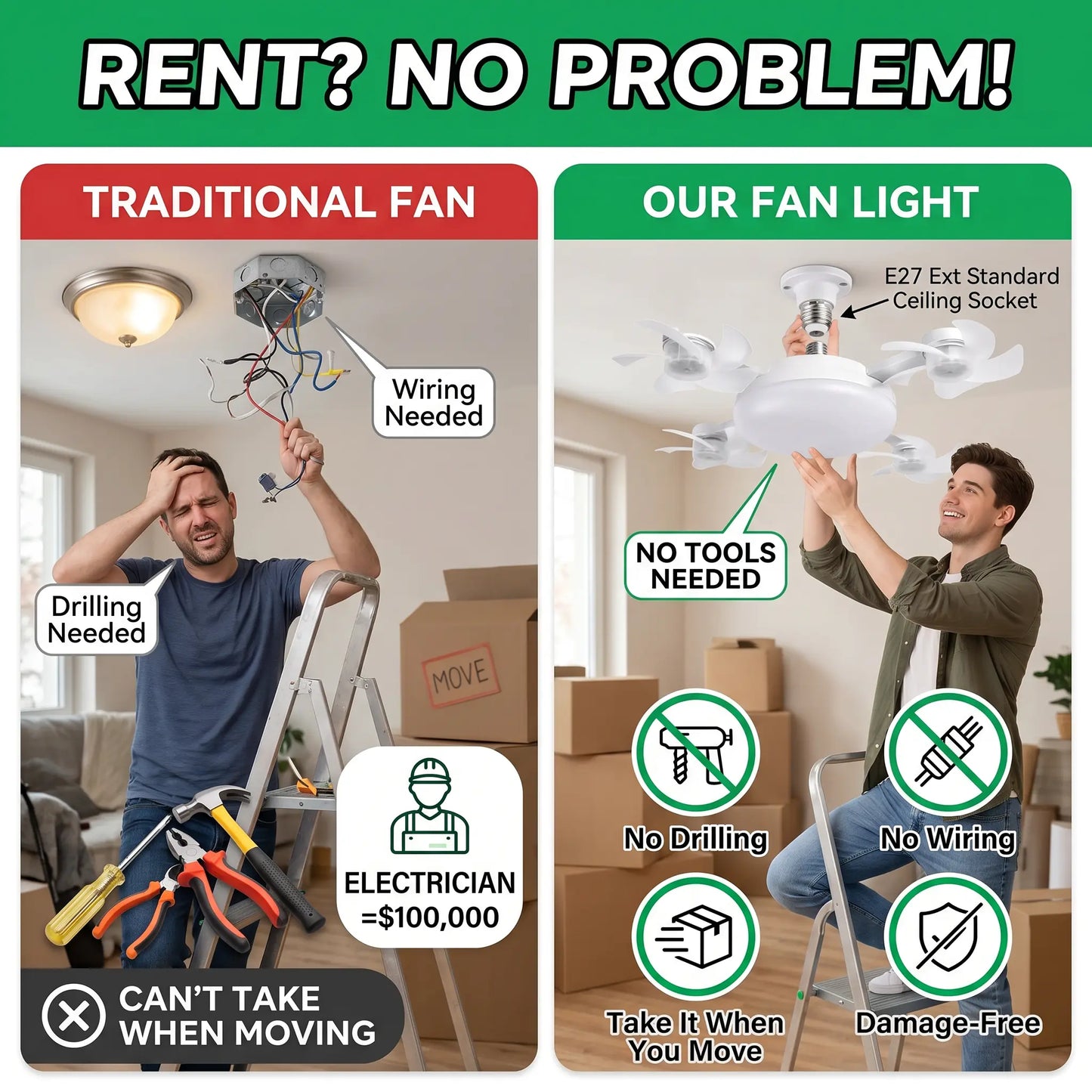 ❄️50% OFF TODAY💡 2-in-1 Ceiling Fan Light 🔧No Wiring • No Tools • Just Screw It In