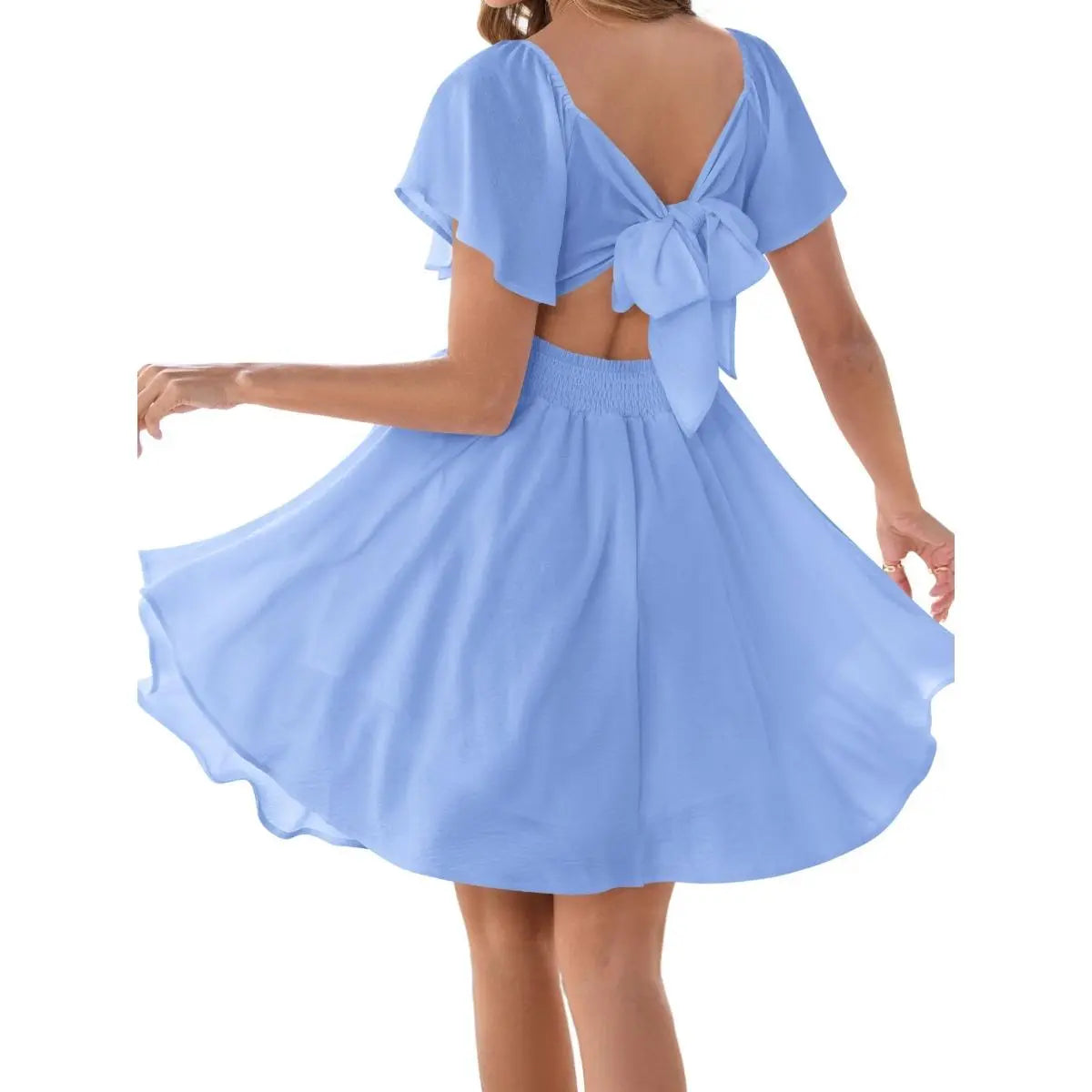 🌈50% OFF TODAY🚀Women's Sweetheart Knot Front Dress Flutter Sleeve Tie Back A-Line Chiffon Mini Dresses