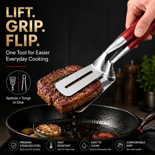 🔥 Limited-Time 50% OFF 🥩 2-in-1 Spatula Tongs — Grip, Flip, Drain & Serve with Ease