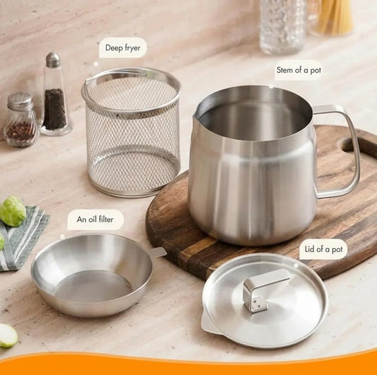 68oz 201 Stainless Steel Deep Fryer Pot with Basket & Strainer- Large Capacity Bacon Grease Container for Kitchen