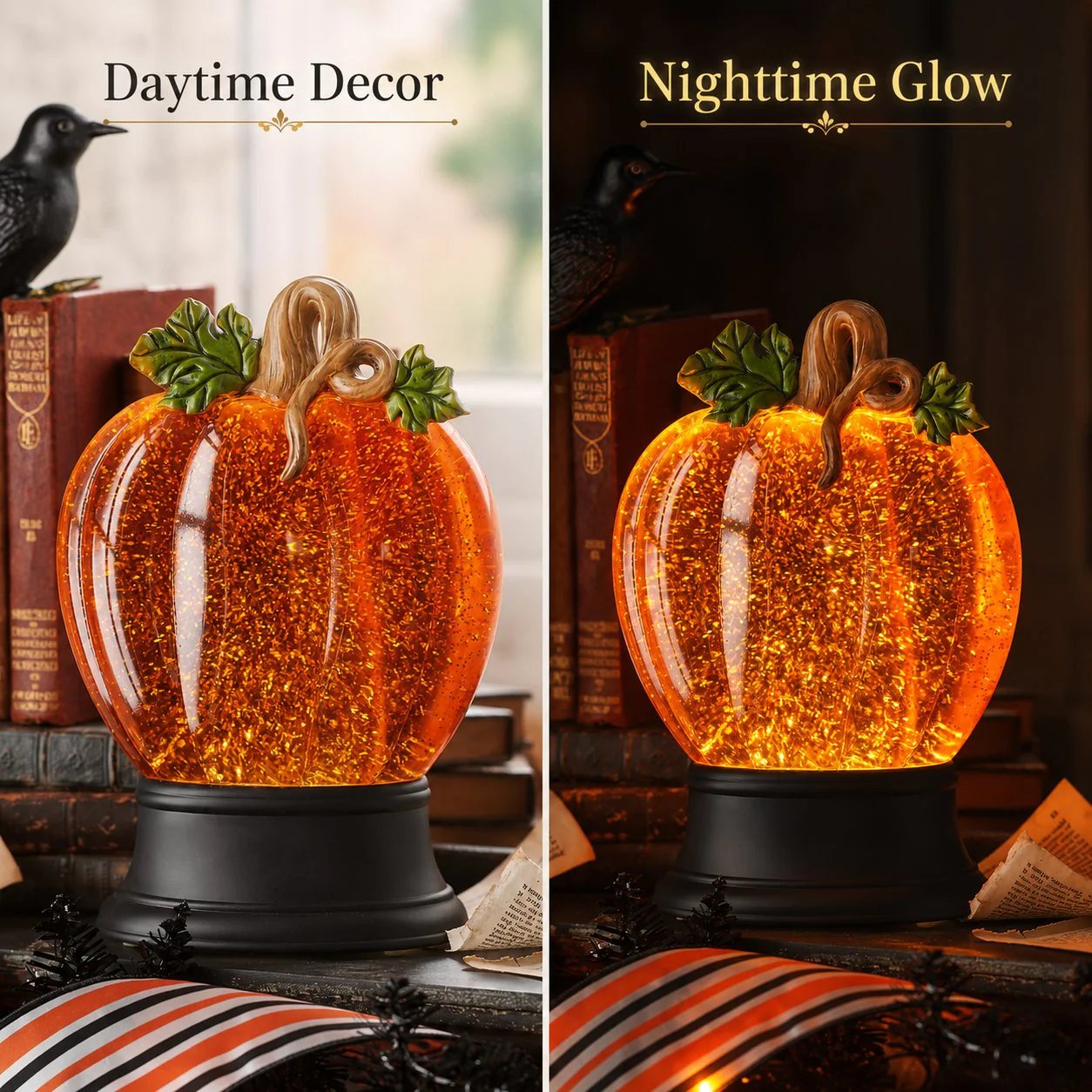 🎉Orange Fall Pumpkin Lighted Glitter Swirl Water Globe