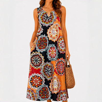 Polka Pockets Long Dress Sleeveless Berry Garden Sleeveless Maxi Dress Casual Summer Vacation Dress Womenswear Fitted Vneck