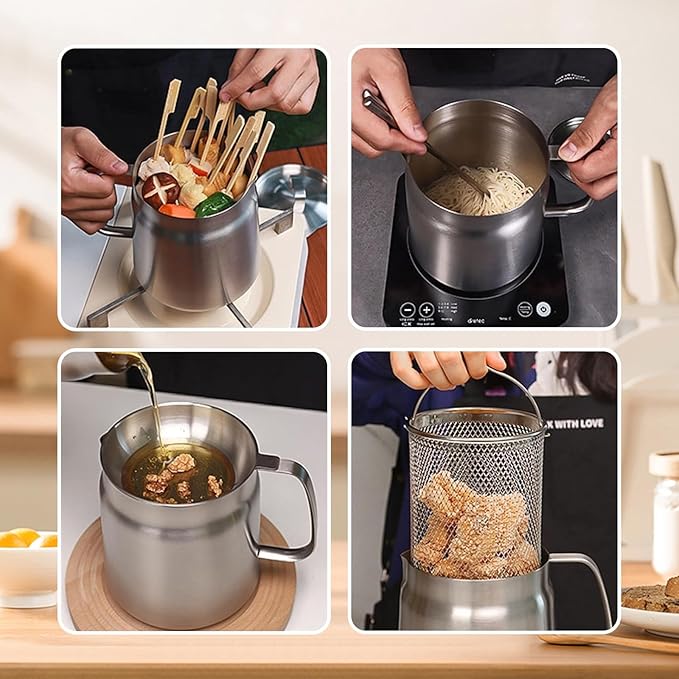 68oz 201 Stainless Steel Deep Fryer Pot with Basket & Strainer- Large Capacity Bacon Grease Container for Kitchen