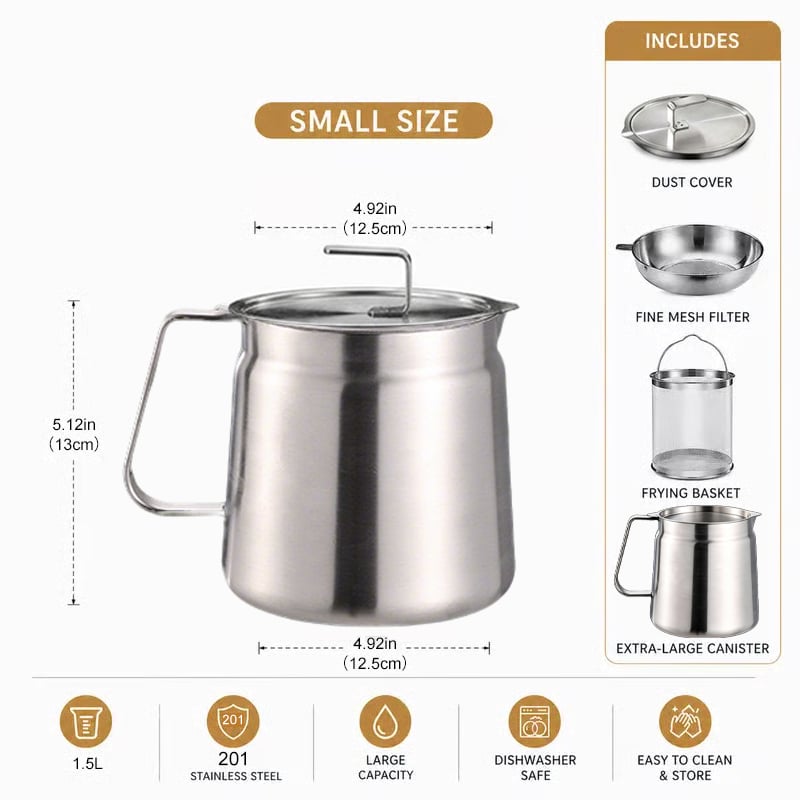 68oz 201 Stainless Steel Deep Fryer Pot with Basket & Strainer- Large Capacity Bacon Grease Container for Kitchen