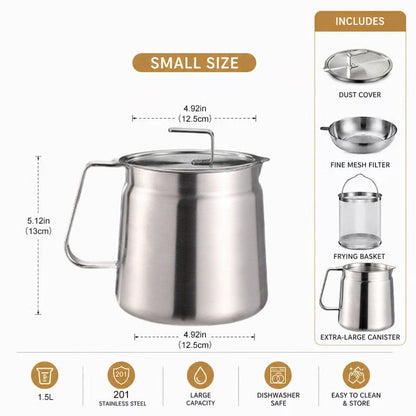 68oz 201 Stainless Steel Deep Fryer Pot with Basket & Strainer- Large Capacity Bacon Grease Container for Kitchen