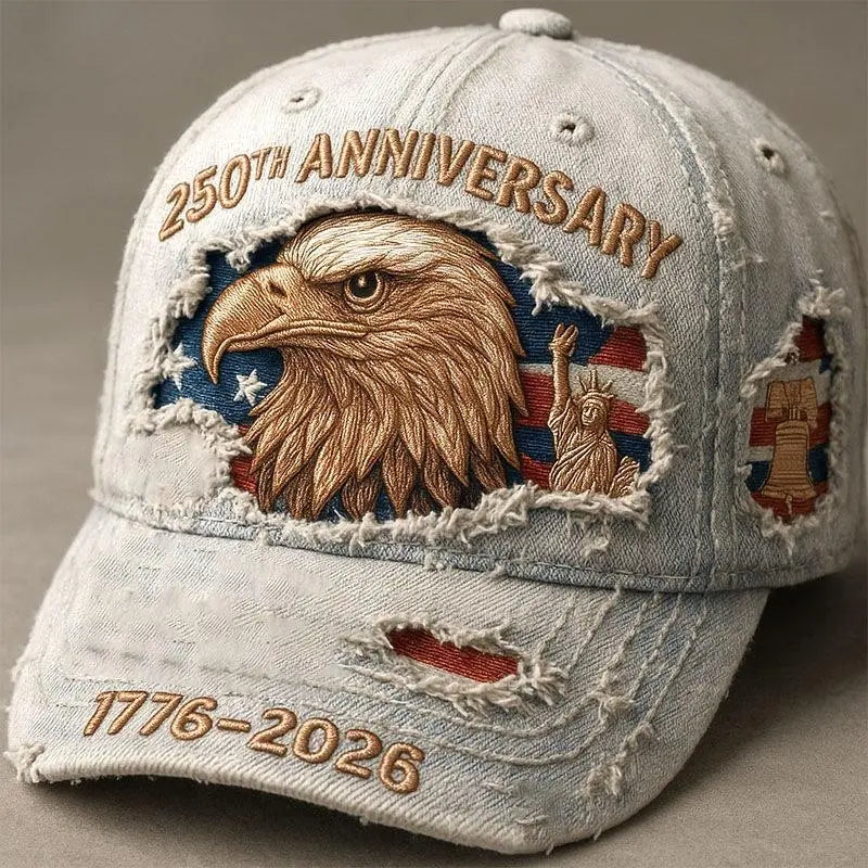 🎁250th Anniversary 1776-2026 Distressed Denim Baseball Cap for Men American Flag Embroidery