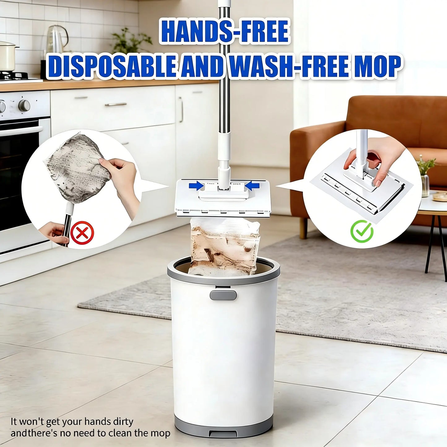 Hands-Free Floor Mop with Clamp, Dry Wet Use Dust Mop for Hardwood & Tile, Flat Mop System, No Wash Mop