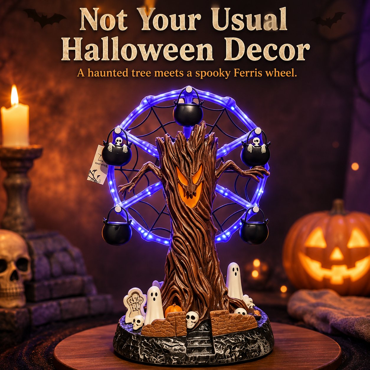 🎃 Halloween Haunted Tree Ferris Wheel Tabletop Decor, Light Up Resin Spooky Ghost Mini Scene Ornament