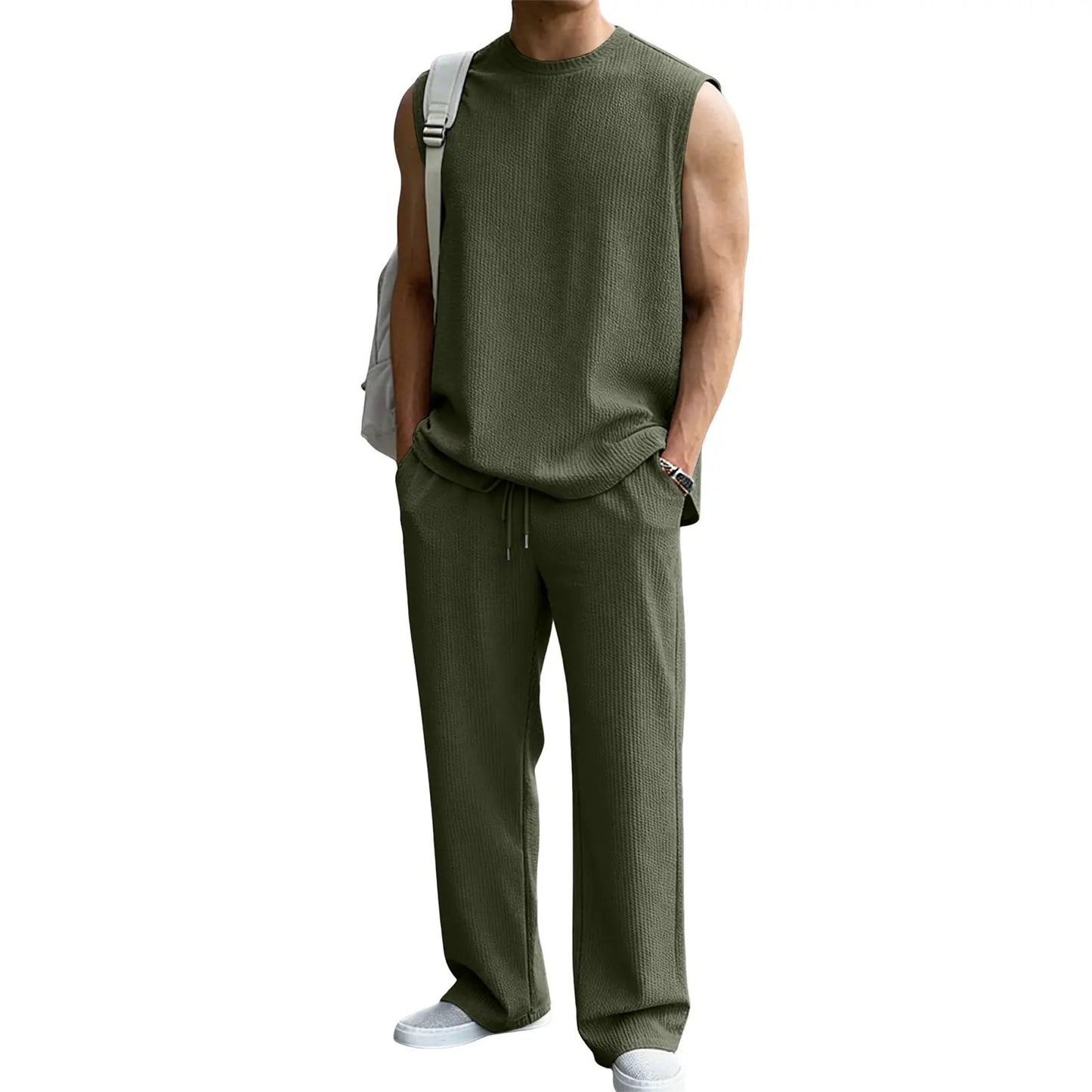⚡Hot Sales 49% OFF🔥Men's 2 Piece Rib Knit Sweatsuit Summer Sleeveless Tank Top Baggy Wide Leg Pants Set