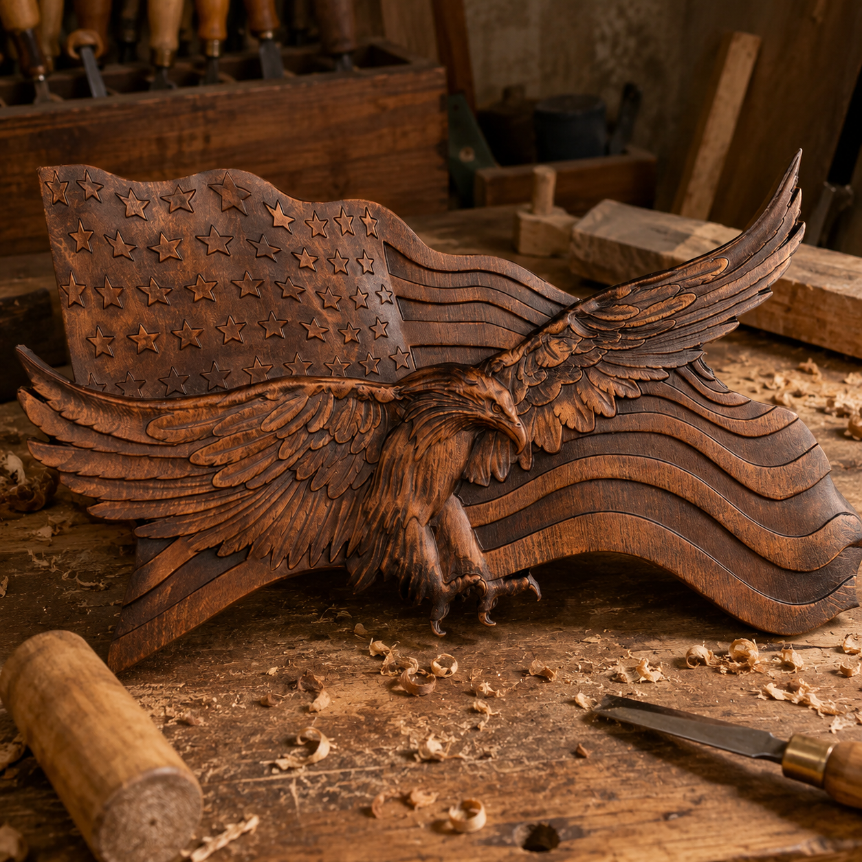 Eagle & Flag Wood Wall Plaque - Handcrafted American Heritage Tribute