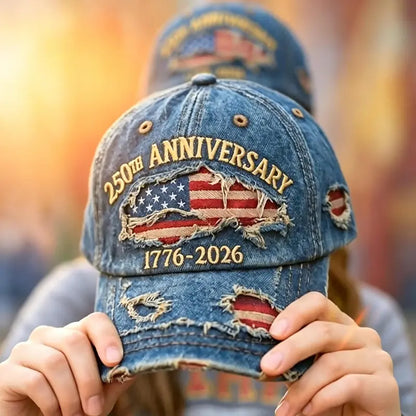 🎁250th Anniversary 1776-2026 Distressed Denim Baseball Cap for Men American Flag Embroidery