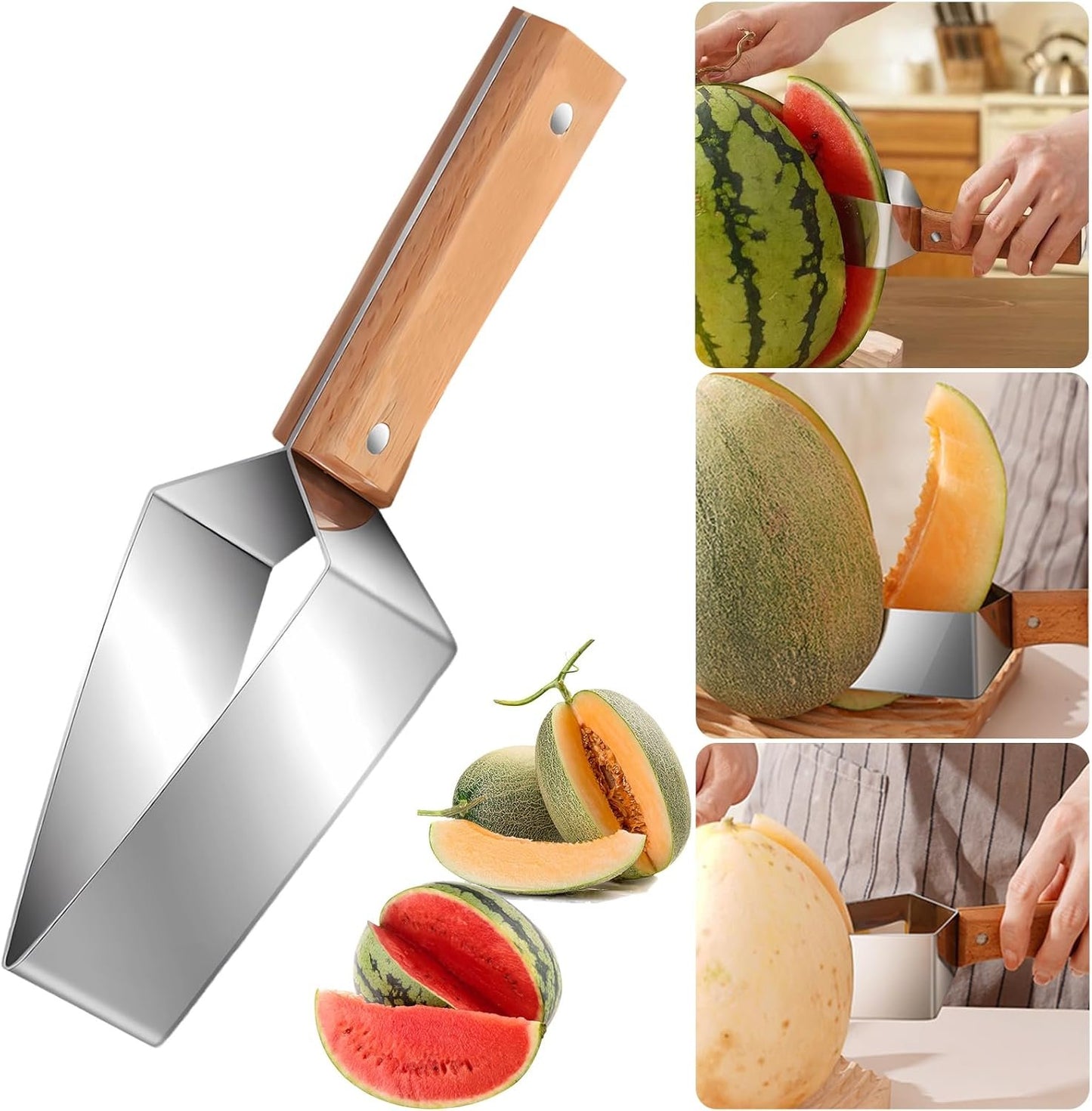 Stainless Steel Watermelon Wedge Cutter with Wooden Handle, Fruit Melon Slicer Kitchen Gadget