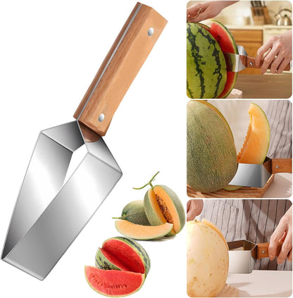 Stainless Steel Watermelon Wedge Cutter with Wooden Handle, Fruit Melon Slicer Kitchen Gadget