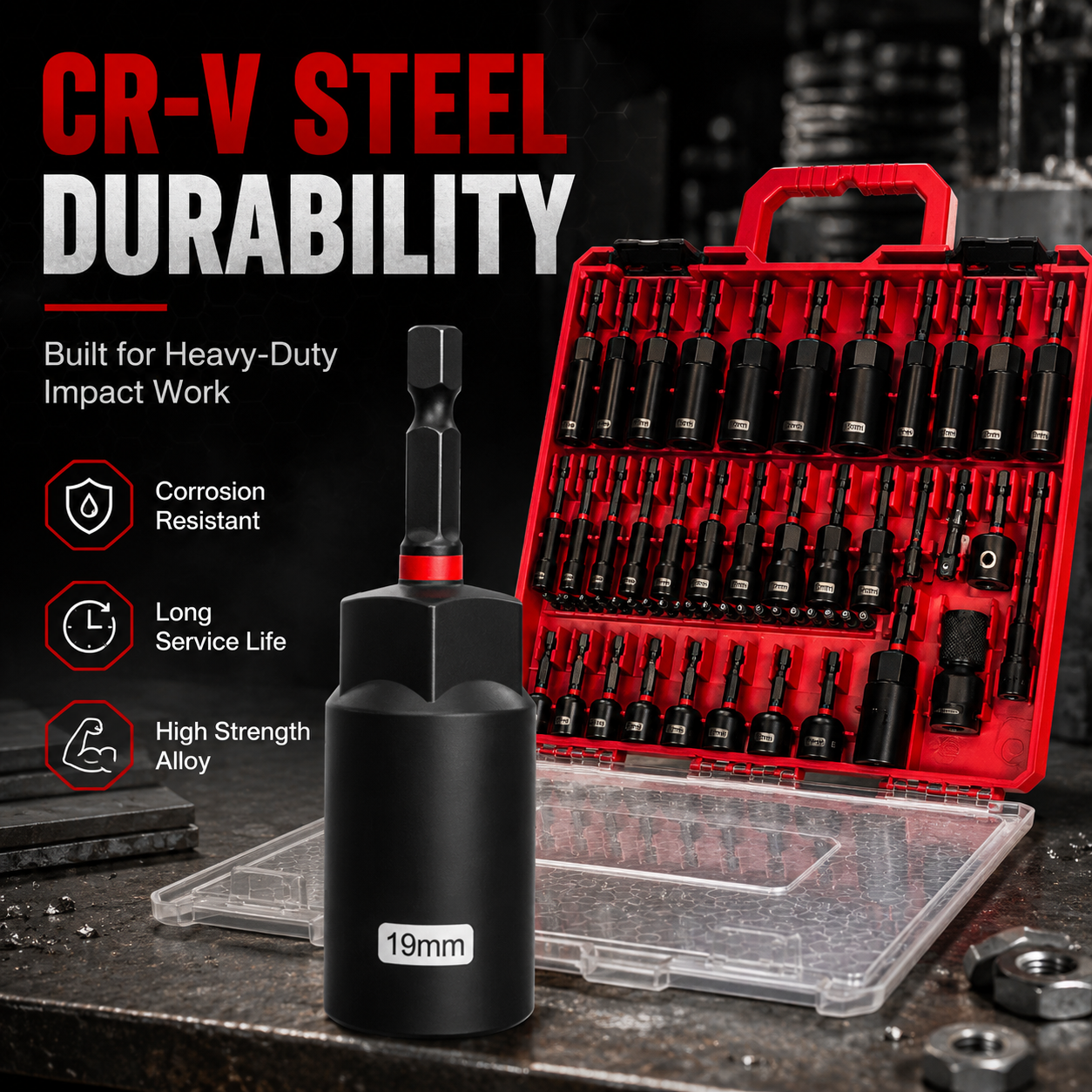 Magnetic Impact Nut Driver Set 55PCS – CR-V Steel Socket Tool Kit for Drill