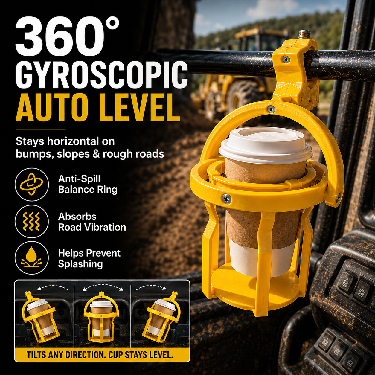 🥤Gyroscopic Anti-Spill Cup Holder | Clamp-On Auto-Level Drink Holder