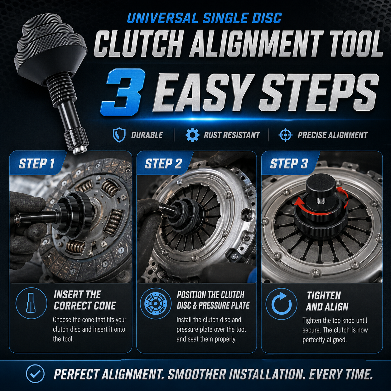 🔧 Universal Single Disc Clutch Alignment Tool with 2 Replaceable Plastic Sleeves for Cars & Light Trucks