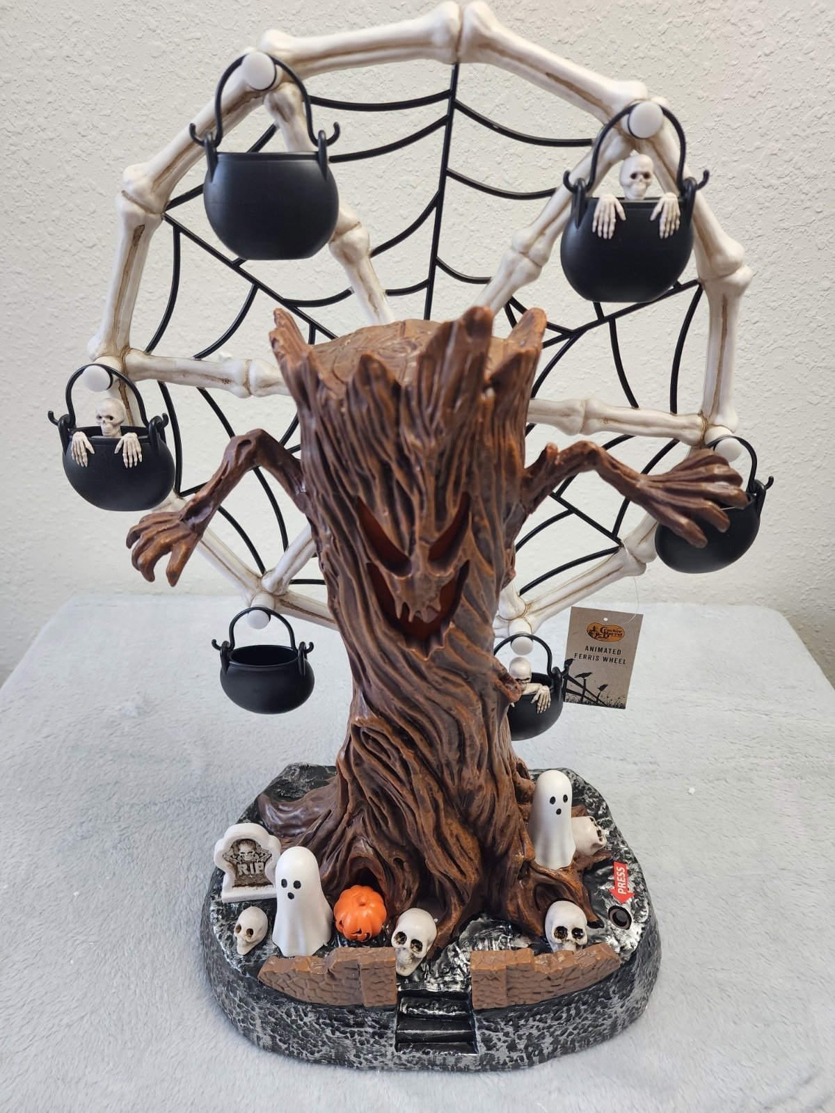 🎉📦Free Shipping🛫Rotating Halloween Ghost Tree Ferris Wheel Table Decor, LED Light Up Skeleton Spider Web Spooky Figurine with Sound