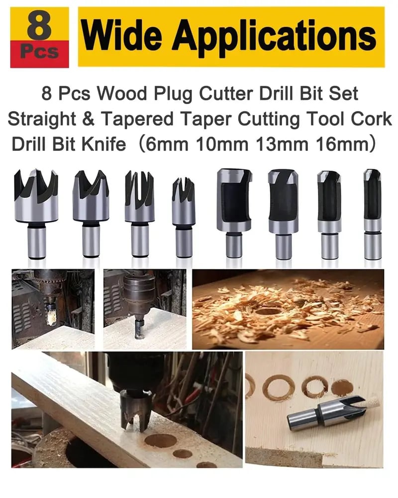 8Pcs Wood Plug Cutter Drill Bit Set | Straight & Tapered Wood Hole Plug Making Bits