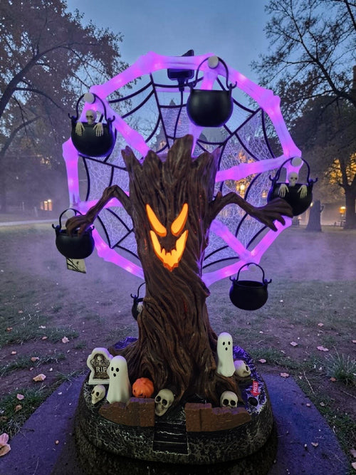 🎉📦Free Shipping🛫Rotating Halloween Ghost Tree Ferris Wheel Table Decor, LED Light Up Skeleton Spider Web Spooky Figurine with Sound