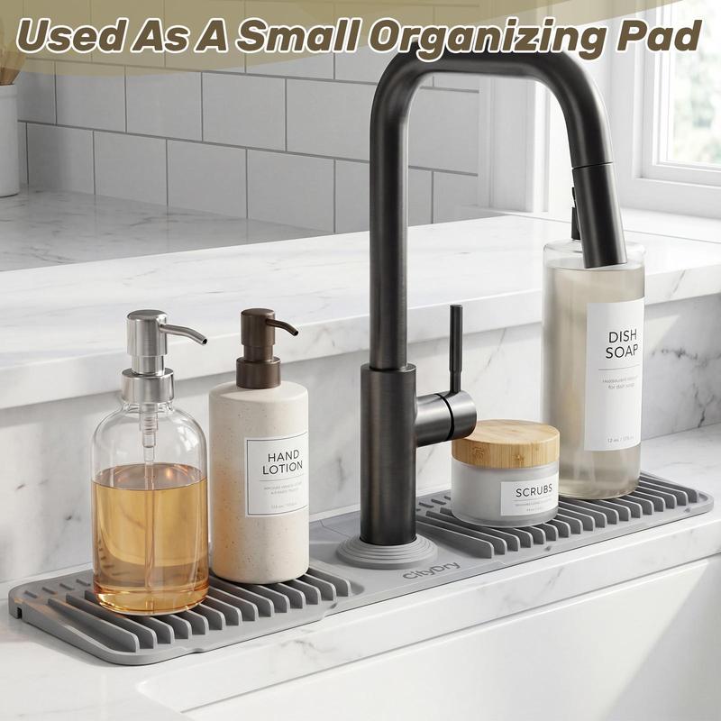 Extra‑long Silicone Sink Faucet Splash Guard Mat – Quick Drain & Drying Organizer