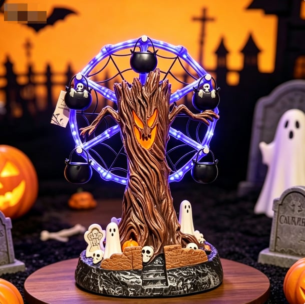 🎃 Halloween Haunted Tree Ferris Wheel Tabletop Decor, Light Up Resin Spooky Ghost Mini Scene Ornament