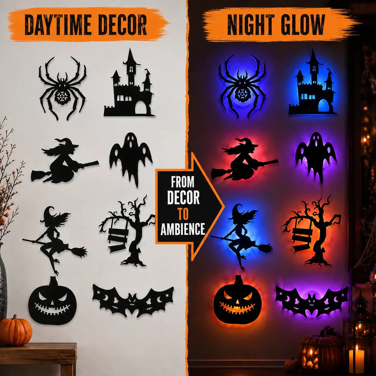 🔥 LAST DAY 50% OFF | 8-Pack Halloween LED Silhouette Wall Lights – Battery-Powered Peel & Stick Decor
