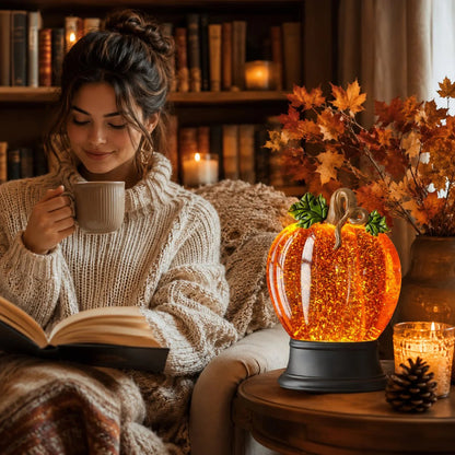 🎉Orange Fall Pumpkin Lighted Glitter Swirl Water Globe