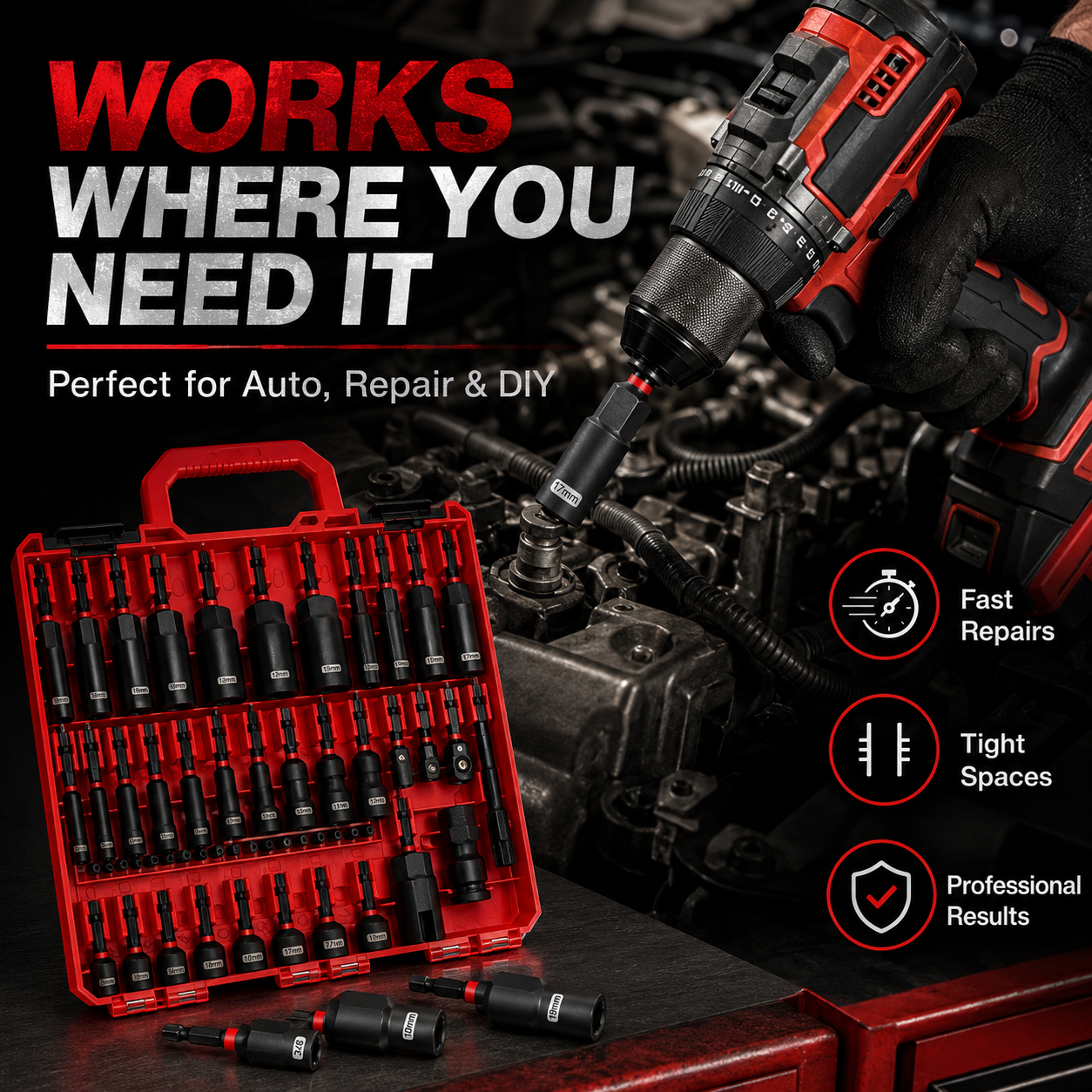 Magnetic Impact Nut Driver Set 55PCS – CR-V Steel Socket Tool Kit for Drill