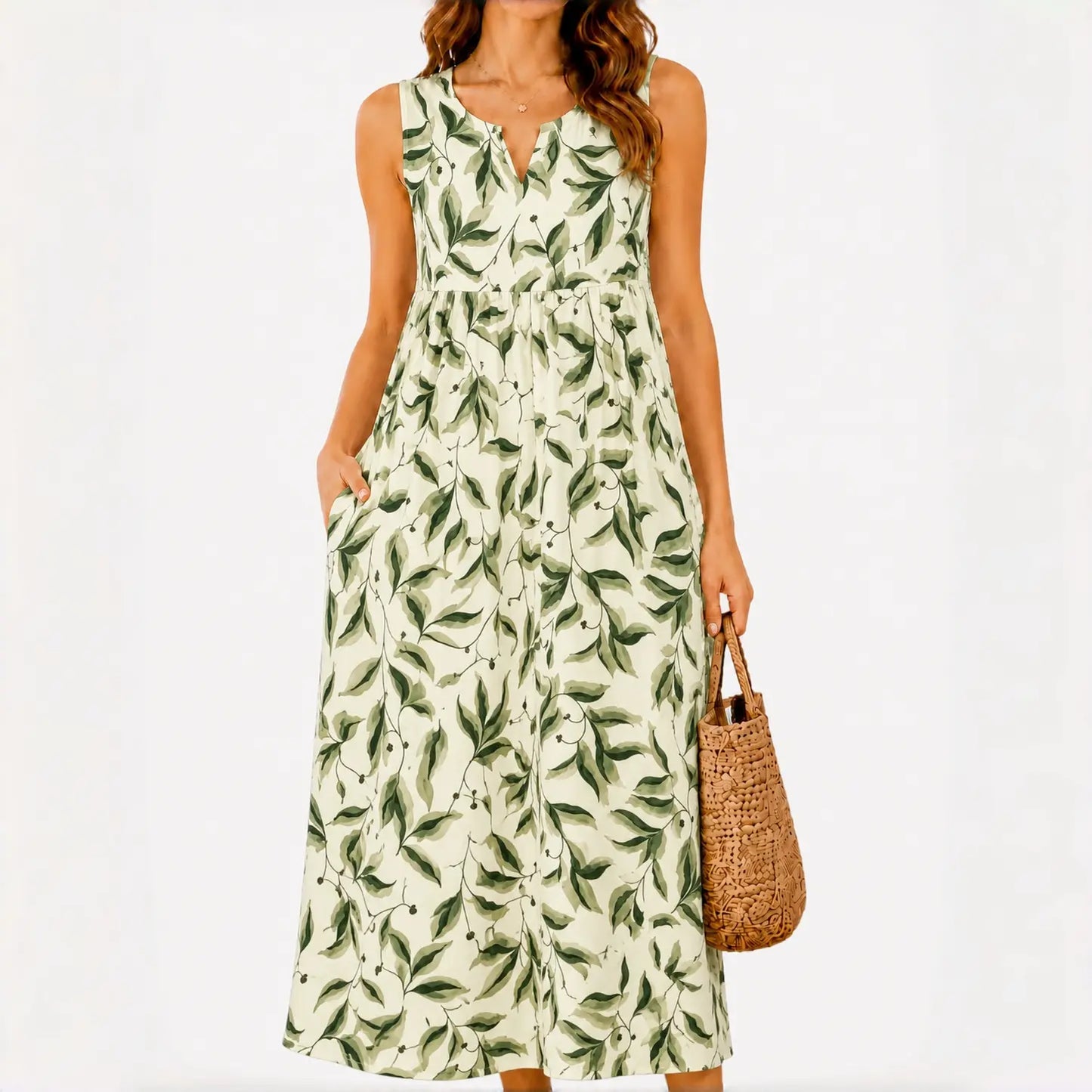 Polka Pockets Long Dress Sleeveless Berry Garden Sleeveless Maxi Dress Casual Summer Vacation Dress Womenswear Fitted Vneck