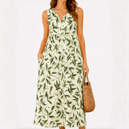 Polka Pockets Long Dress Sleeveless Berry Garden Sleeveless Maxi Dress Casual Summer Vacation Dress Womenswear Fitted Vneck
