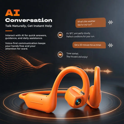 Bone conduction Bluetooth headphones featuring an 8-megapixel camera with EIS image stabilization, support for real-time translation in over 160 languages, dual touch and button controls, and IP54 water resistance.
