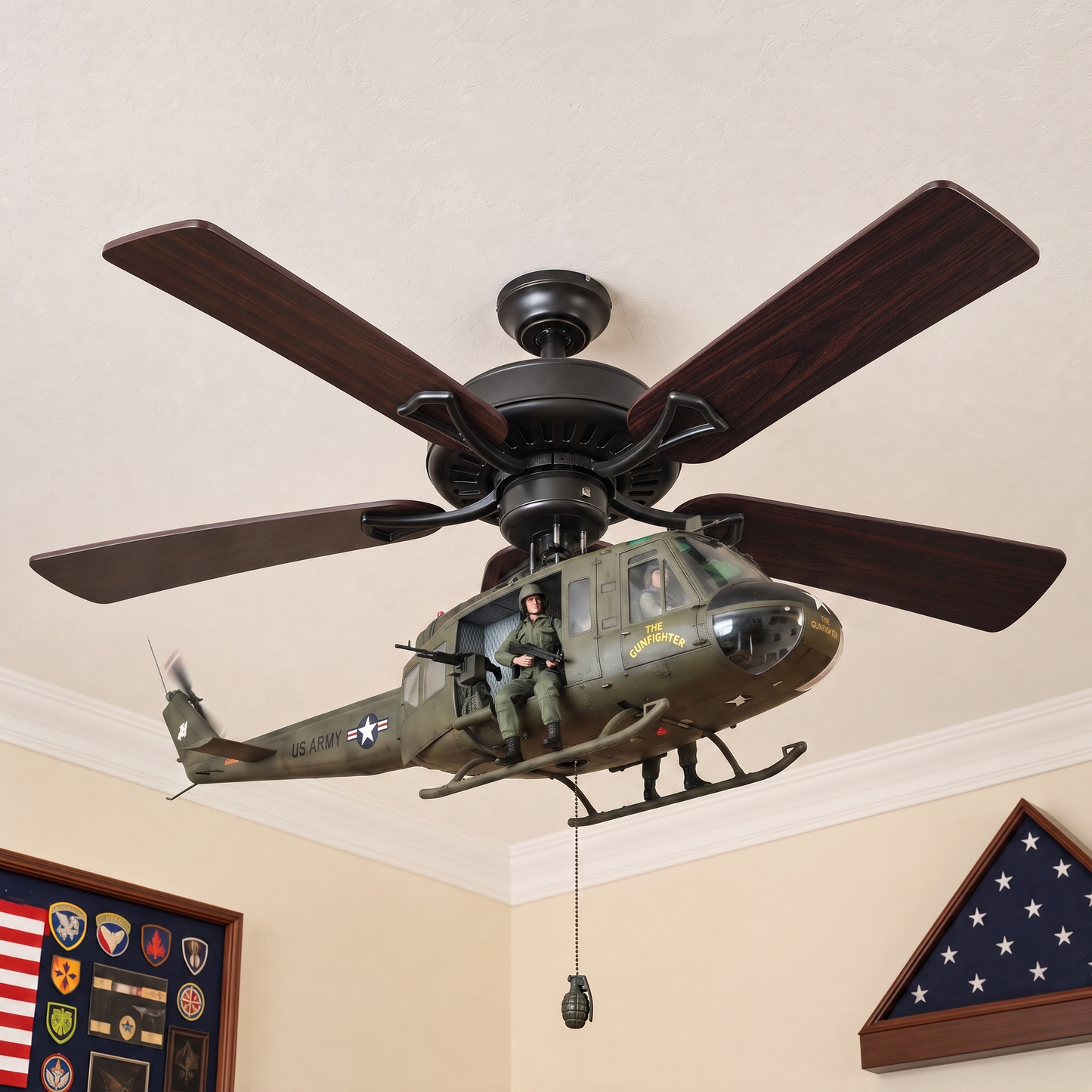 🛩️ Military Helicopter Ceiling Fan Decor – Realistic Hanging Ornament for Man Cave & Home