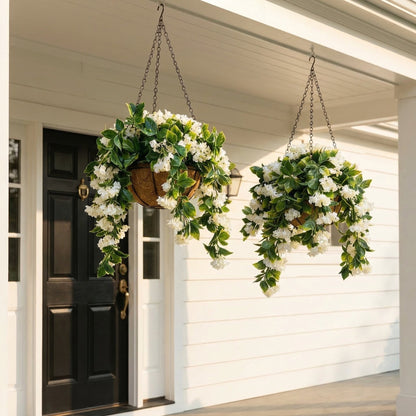 1 Faux Crepe Myrtle Hanging Baskets – UV Resistant Artificial Flower Planters with Coconut Liner & Metal Chain