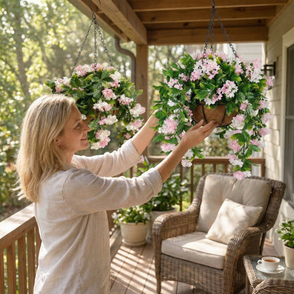 1 Faux Crepe Myrtle Hanging Baskets – UV Resistant Artificial Flower Planters with Coconut Liner & Metal Chain