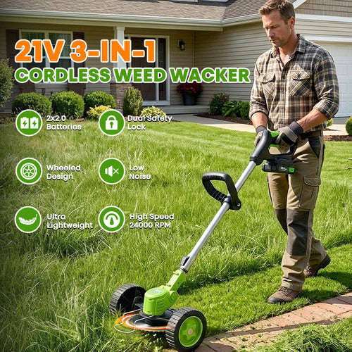 3-in-1 Cordless Lawn Mower with 2×21V Batteries, German Quality Lightweight Grass Trimmer & Edger for Small to Medium Gardens