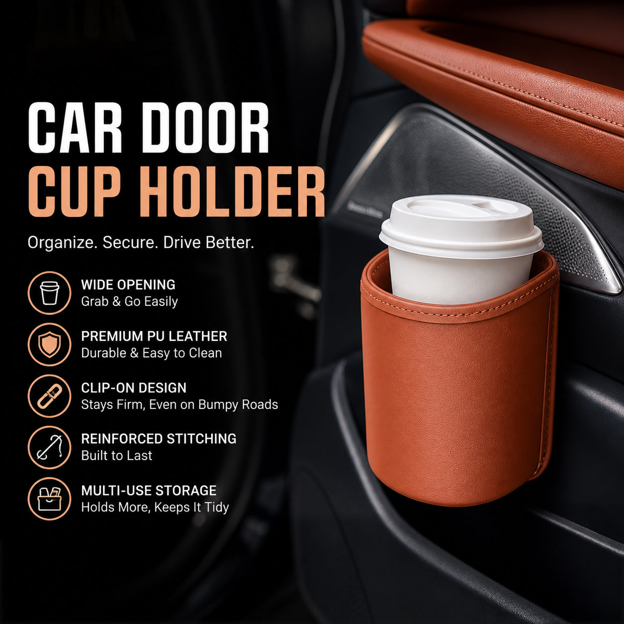 🚗🧺 50% OFF! Leather Car Door Cup Holder – Wide‑mouth opening, easy reach for drinks & phone